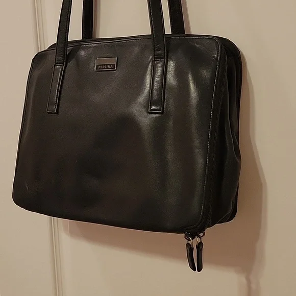 Great Condition Perlina Vintage Black Leather Laptop Bag/Briefcase Tote - Picture 3 of 13
